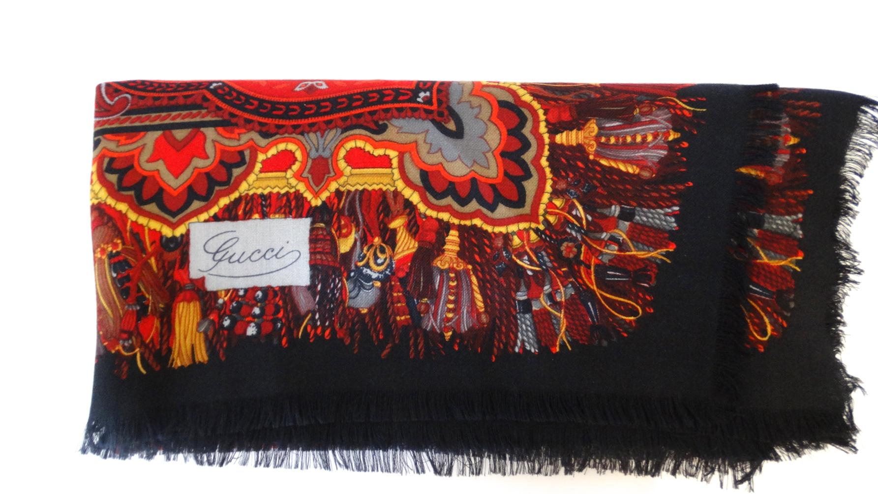 1980s Gucci Red Paisley Printed Fringe Shawl For Sale 1