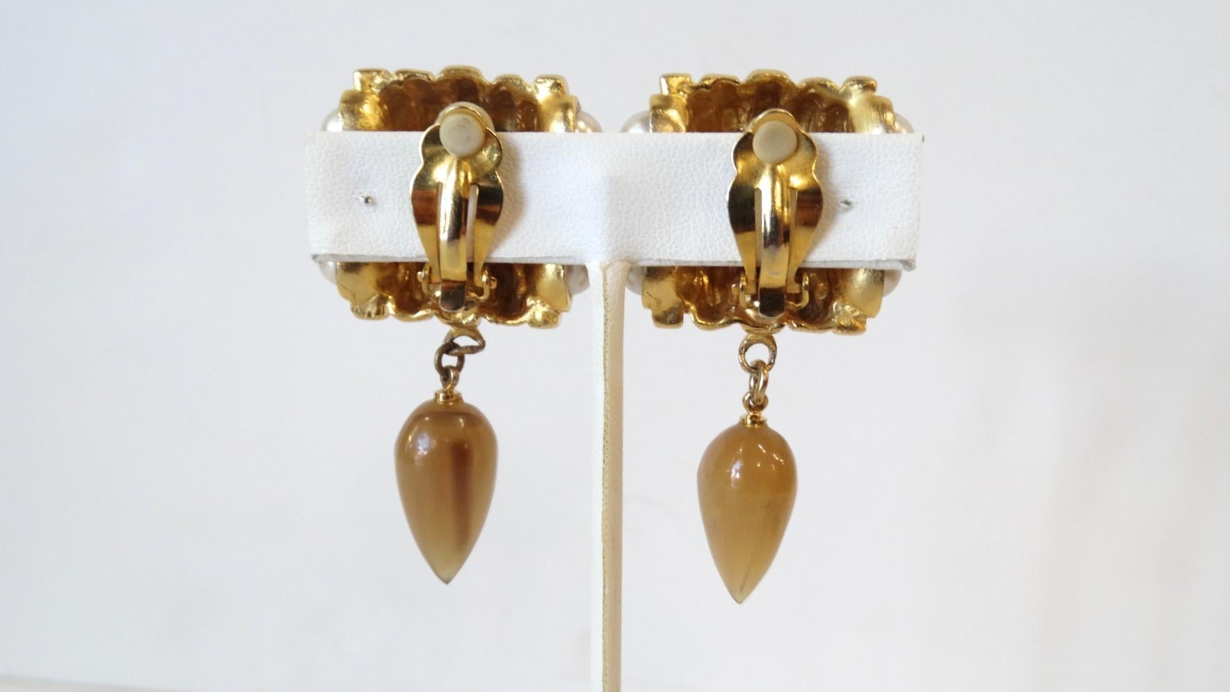 Women's or Men's Gold Plated & Amber Crystal Clip On Earrings  For Sale