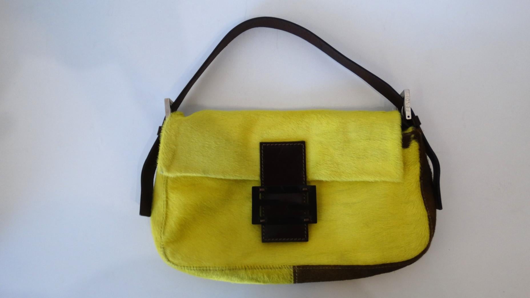2000s Fendi Neon Yellow Pony Hair Baguette 3