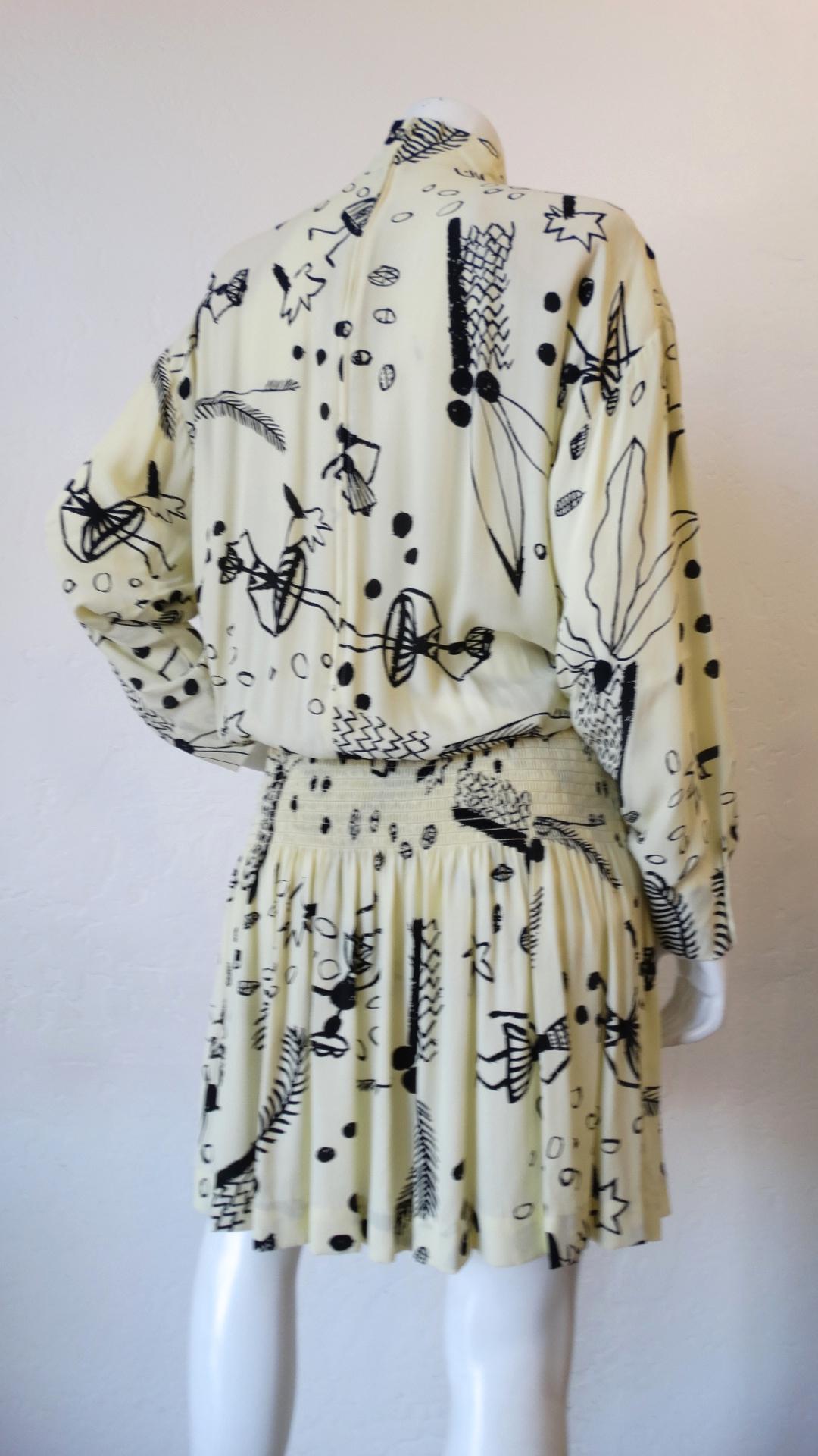 Lifes a beach in our adorable 1980s Nicole Miller silk dress! Made of a cream white silk, printed all over with vacation motifs- including dreamy palm trees and little stick figure ladies! Blousy, breezy fit on top with a stretchy gathered waist and