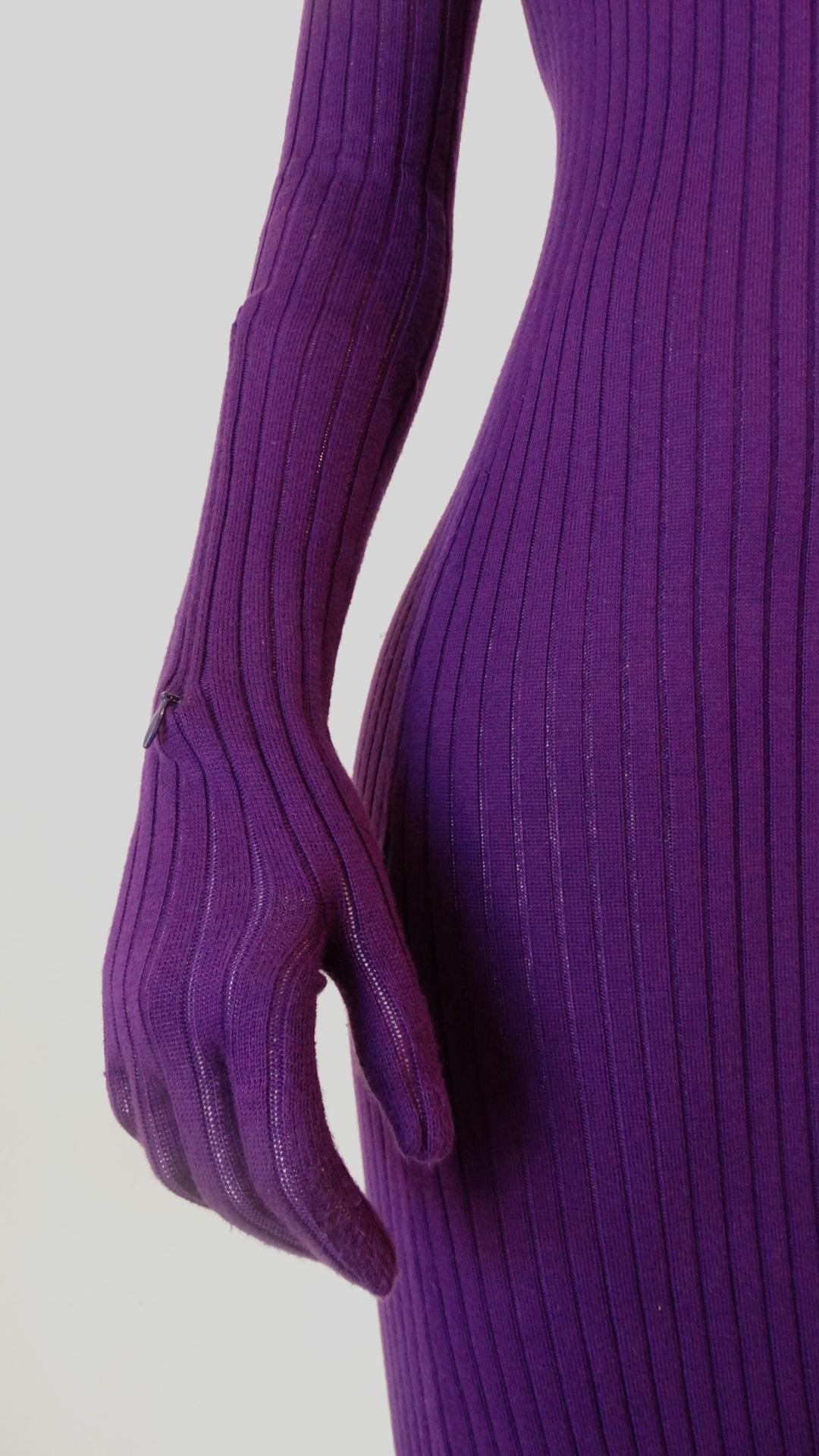 Purple 2000s Courreges Paris Ribbed Knit Glove Dress