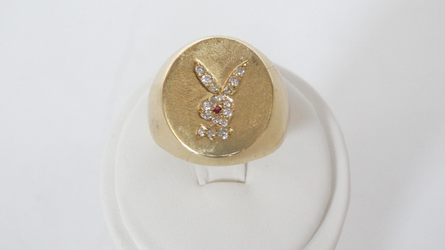 14K Gold Diamond and Ruby Playboy Bunny Mens Signet Ring  In Good Condition In Scottsdale, AZ