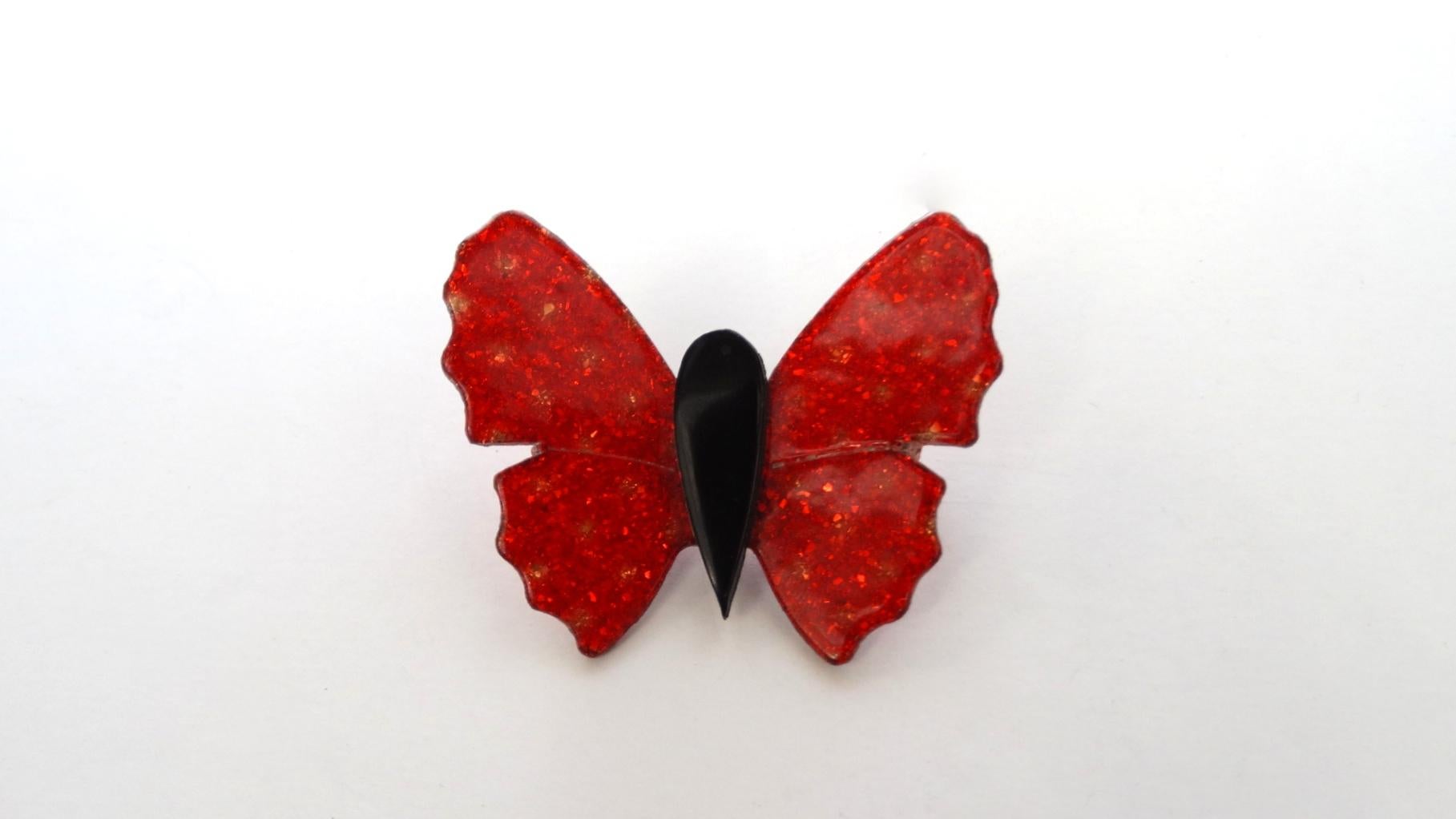 1970s Lea Stein Red Glitter Flake Butterfly Brooch For Sale 1