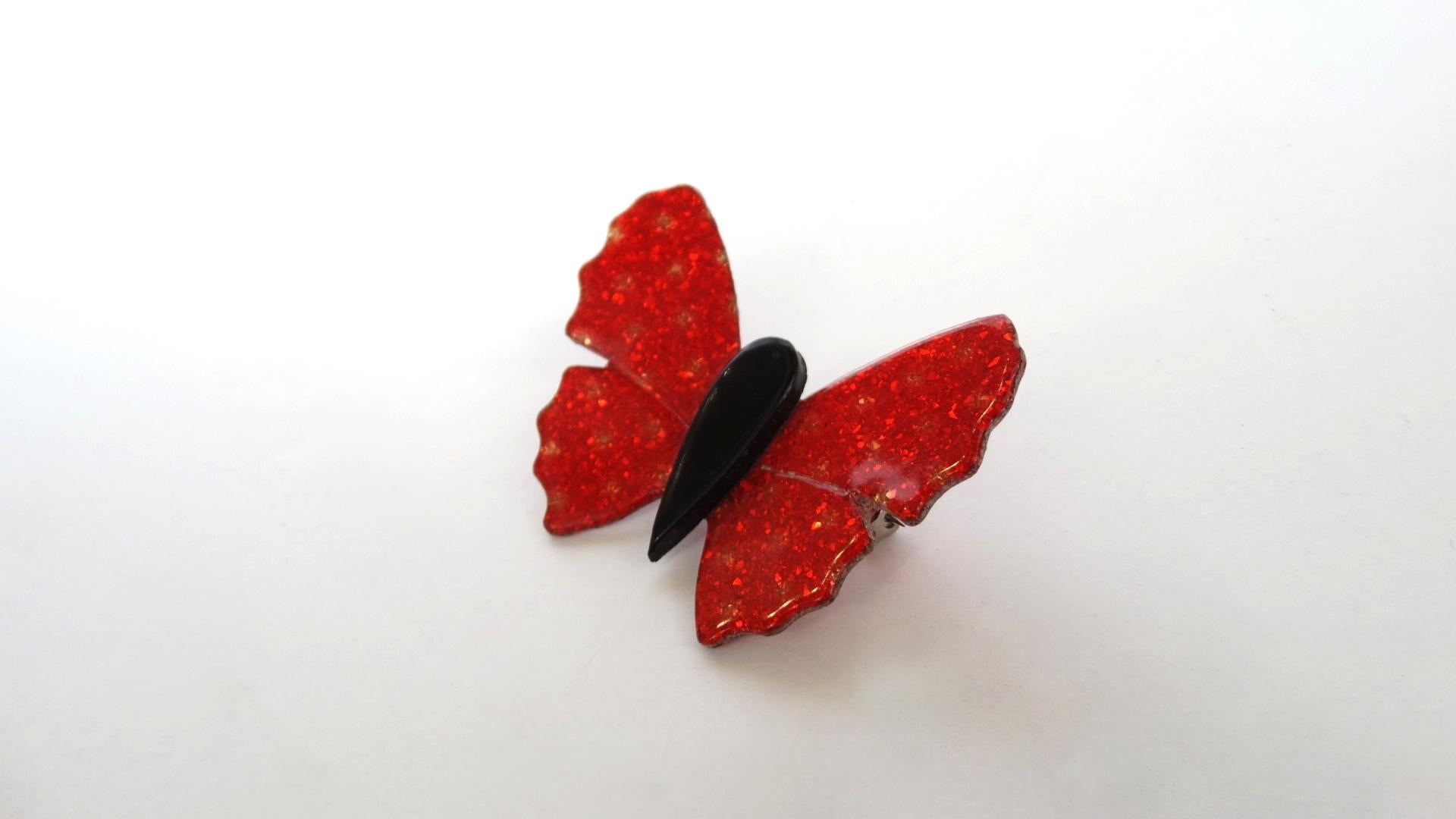 Women's or Men's 1970s Lea Stein Red Glitter Flake Butterfly Brooch For Sale