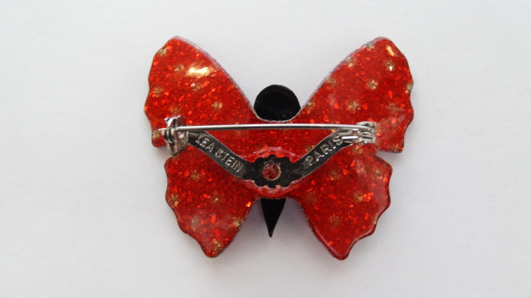 1970s Lea Stein Red Glitter Flake Butterfly Brooch In Good Condition For Sale In Scottsdale, AZ