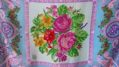 1980s Atelier Versace Needlepoint Flower & Baroque Statue Print Silk Scarf