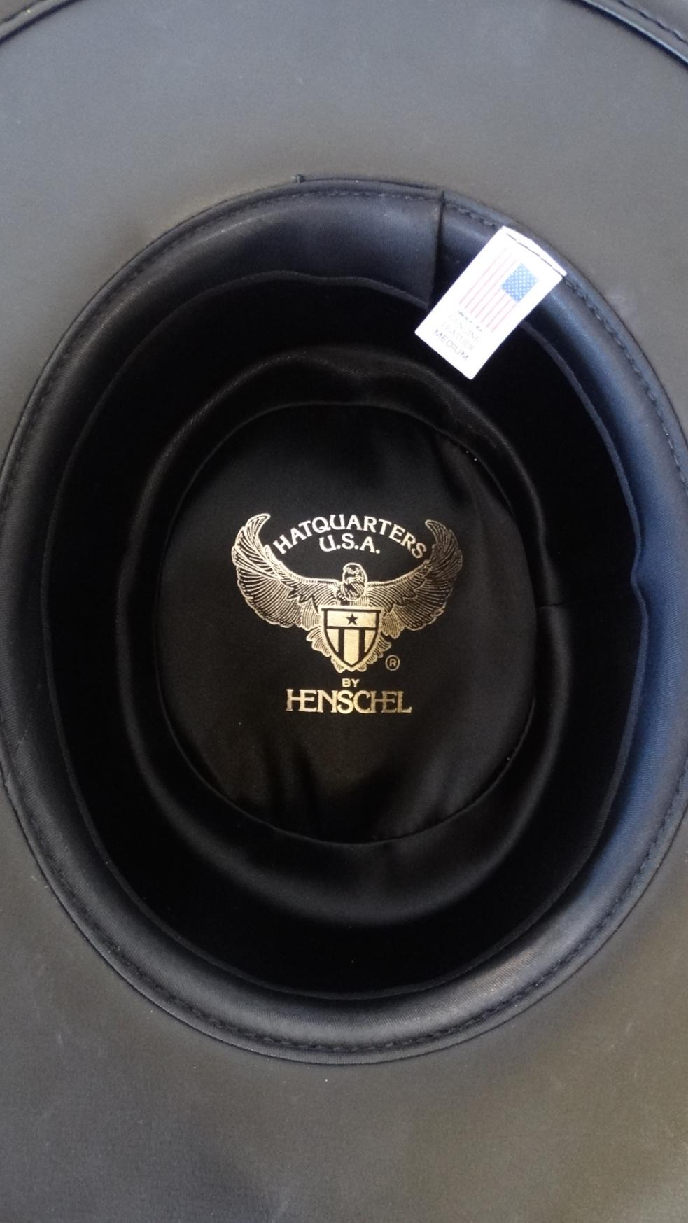 Henschel Black Genuine Leather Wide Brim Boater Hat In Good Condition In Scottsdale, AZ