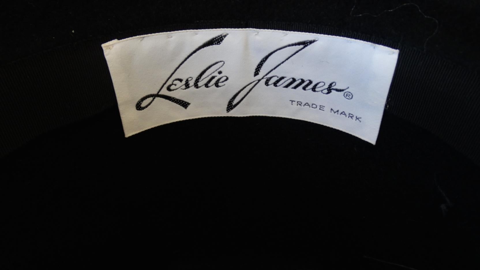 1960s Leslie James Genuine Black Velour Wide Brim Bowler Hat 2