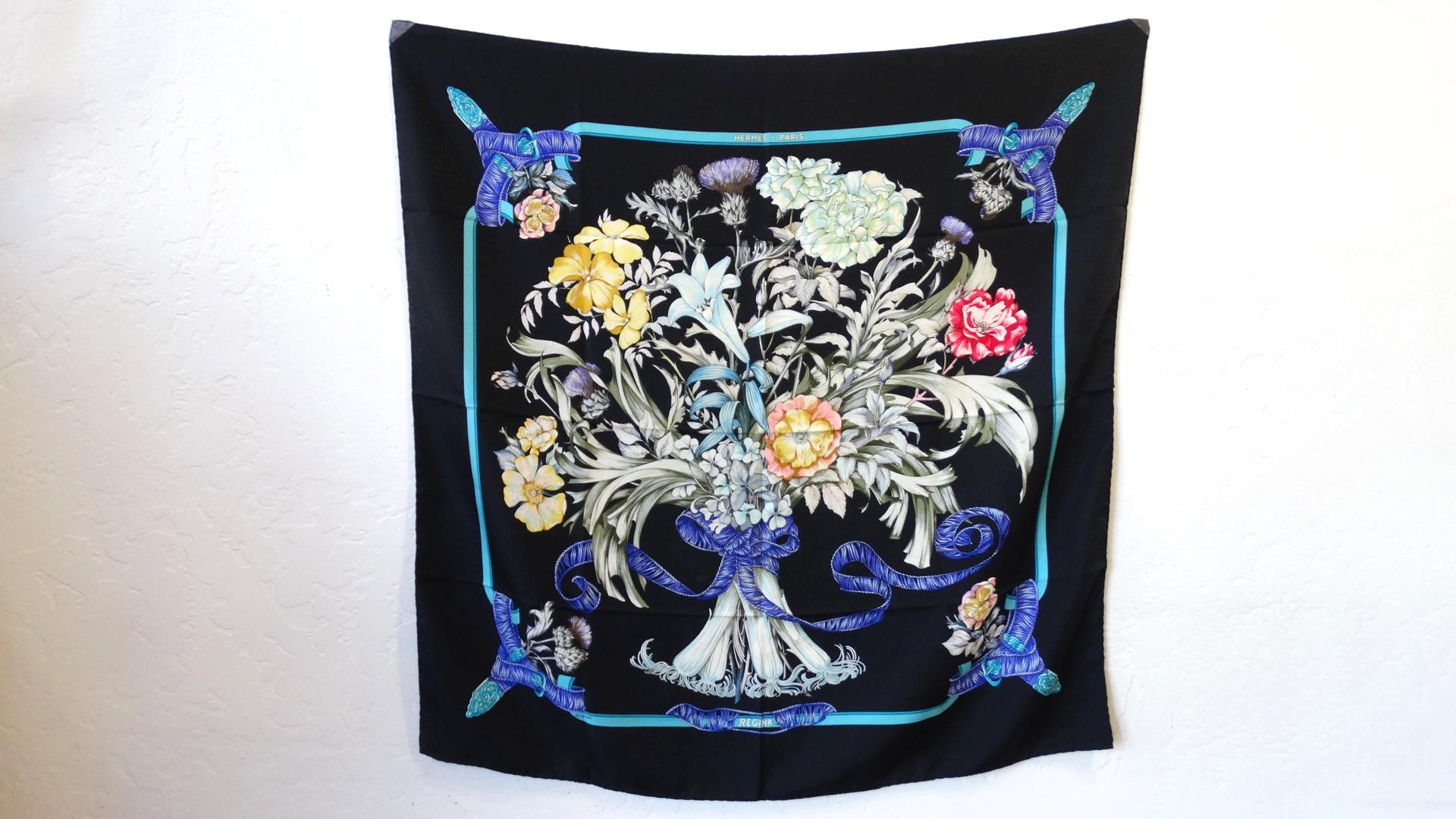 Floral And Fabulous! Circa 1972, this Hermes scarf designed by Leila Menchari, is called the Regina. Leila Menchari is responsible for a number of iconic Hermès scarves. This particular one was inspired by Queen Elizabeth II and was re-issued due to