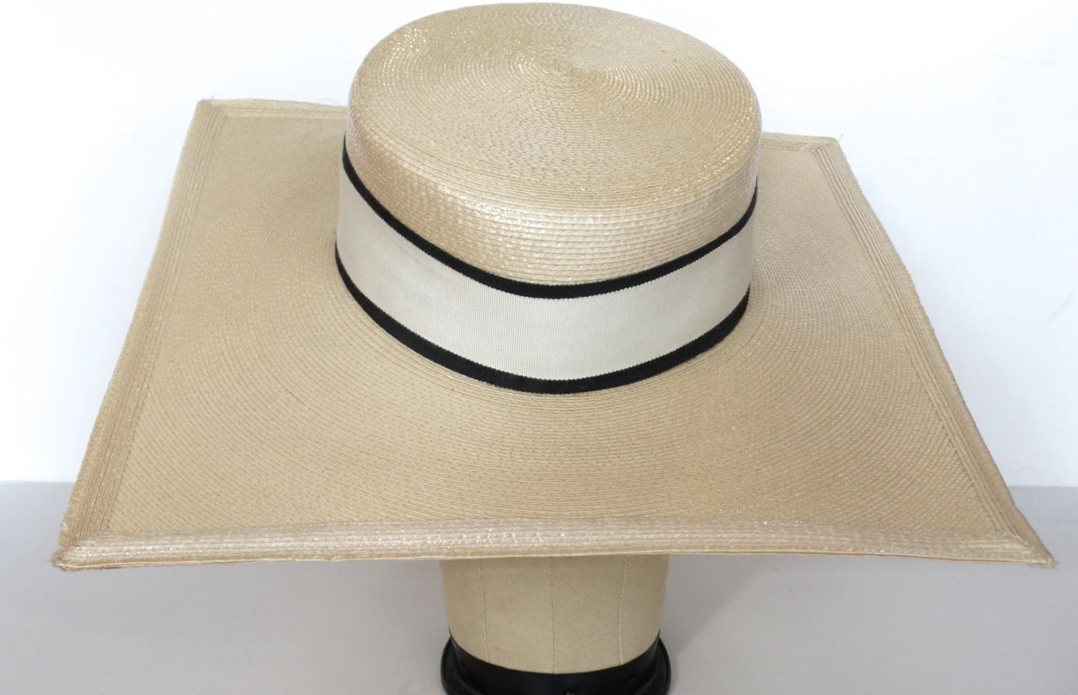 Beige 1970s Yves Saint Laurent Square Brim Boater Hat