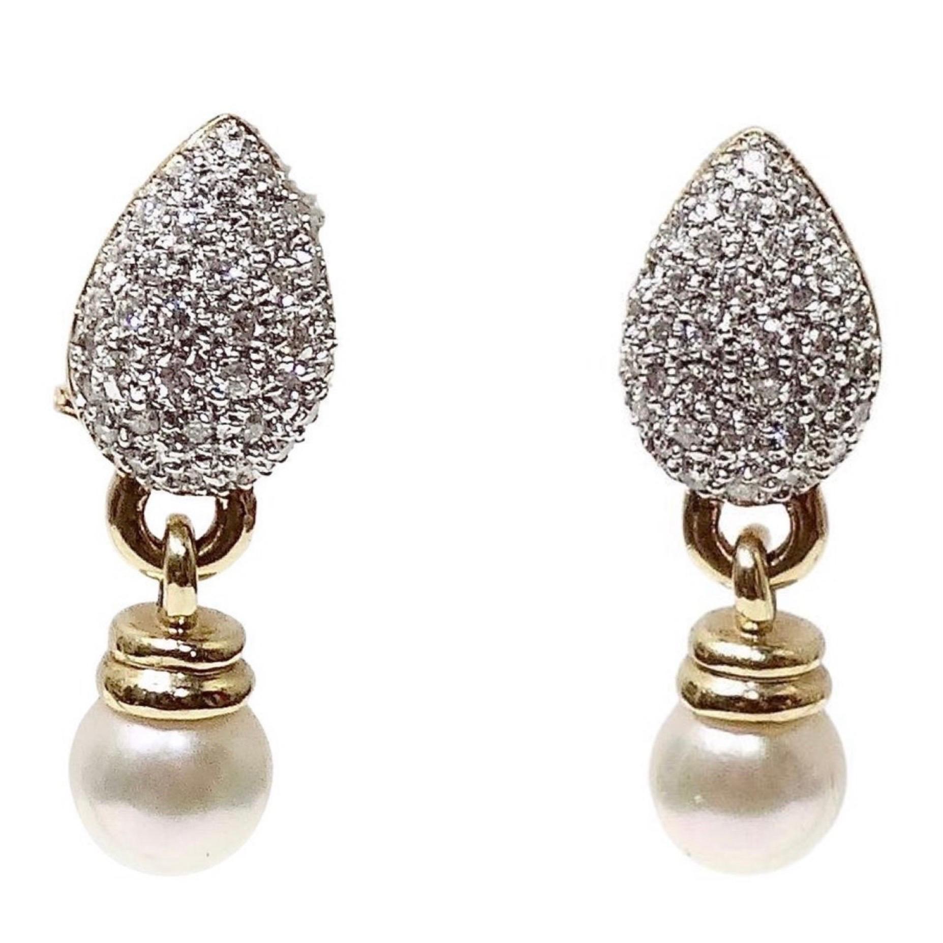 Round Cut Diamond Freshwater Pearl Drop Earrings 14K Gold