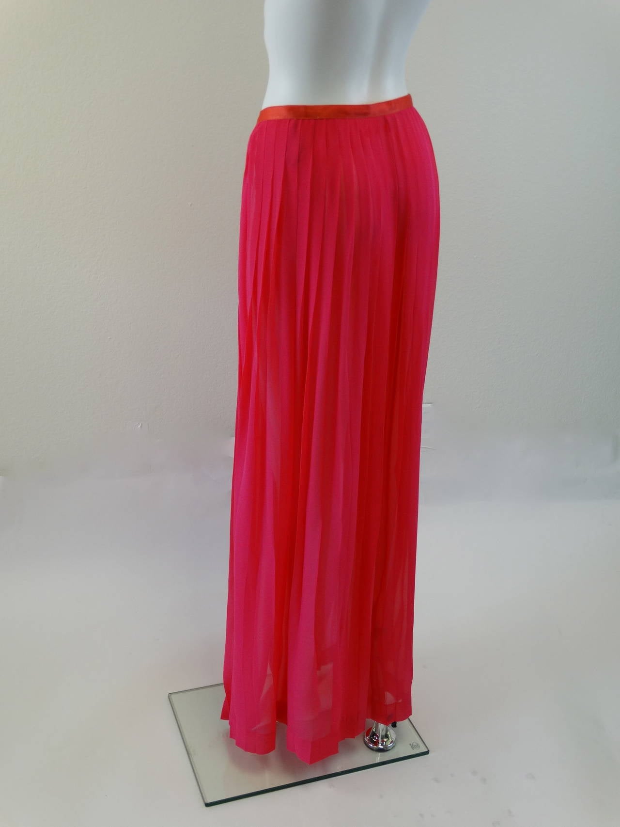 Yves Saint Laurent Electric Pink Accordion Silk Dress Skirt Set, 1980s  2