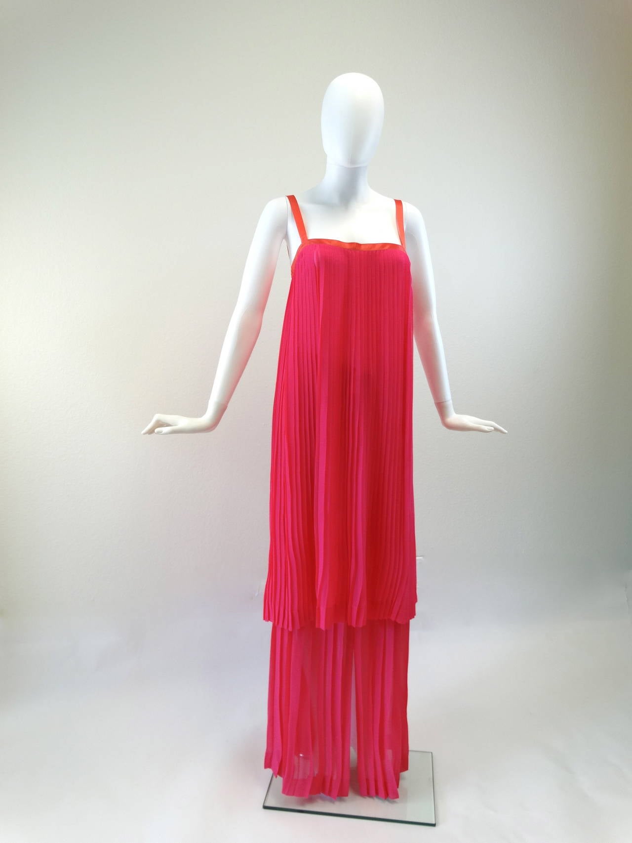Yves Saint Laurent Electric Pink Accordion Silk Dress Skirt Set, 1980s  In Excellent Condition In Scottsdale, AZ