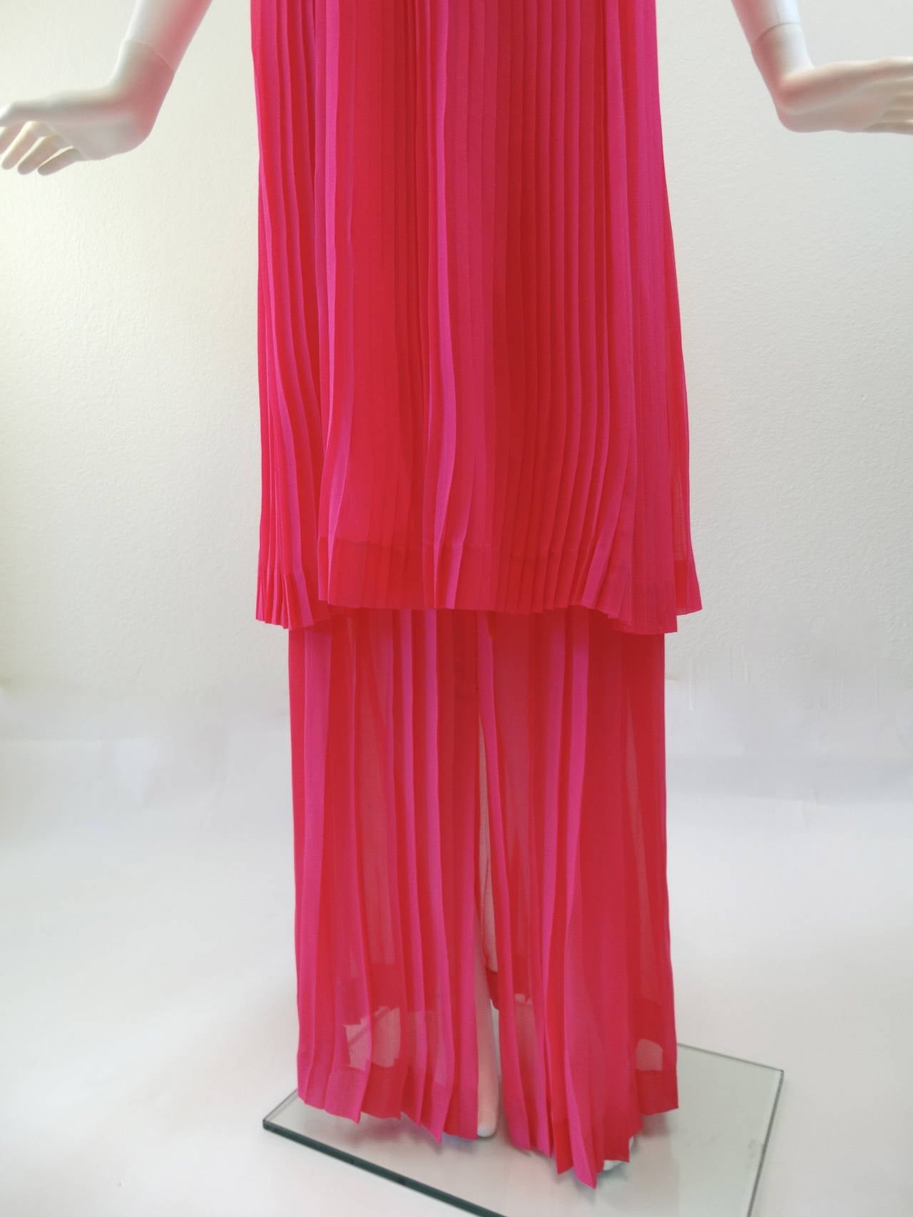 Yves Saint Laurent Electric Pink Accordion Silk Dress Skirt Set, 1980s  4