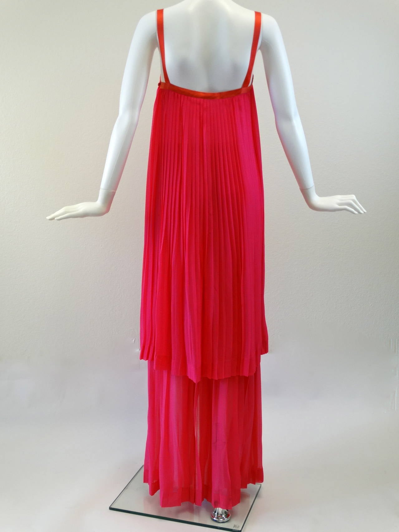 Yves Saint Laurent Electric Pink Accordion Silk Dress Skirt Set, 1980s  5