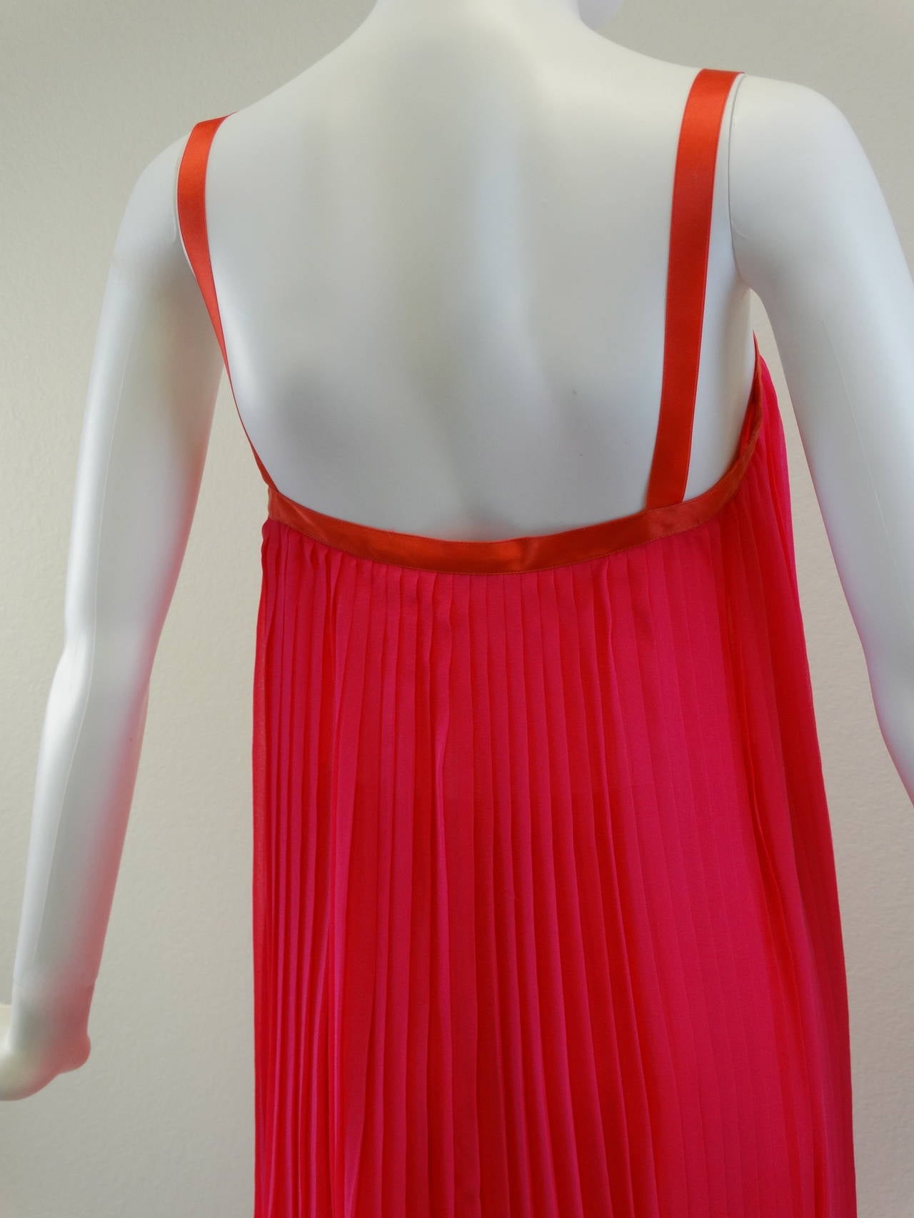 Yves Saint Laurent Electric Pink Accordion Silk Dress Skirt Set, 1980s  3