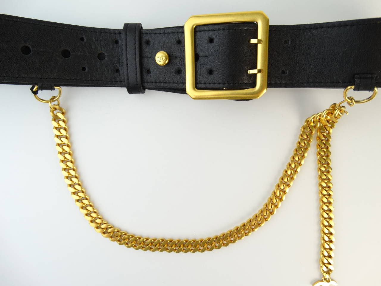 1996 Black Leather Chanel Belt with Gold Chain 3