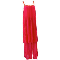 Yves Saint Laurent Electric Pink Accordion Silk Dress Skirt Set, 1980s 