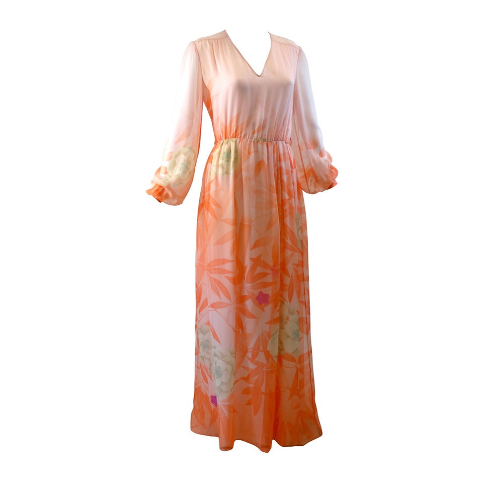 Hanae Mori Floral Silk Chiffon Dress, 1980s 