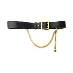 1996 Black Leather Chanel Belt with Gold Chain