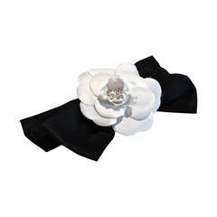 1980s Chanel Black Bow White Camellia Flower Hair Barrette