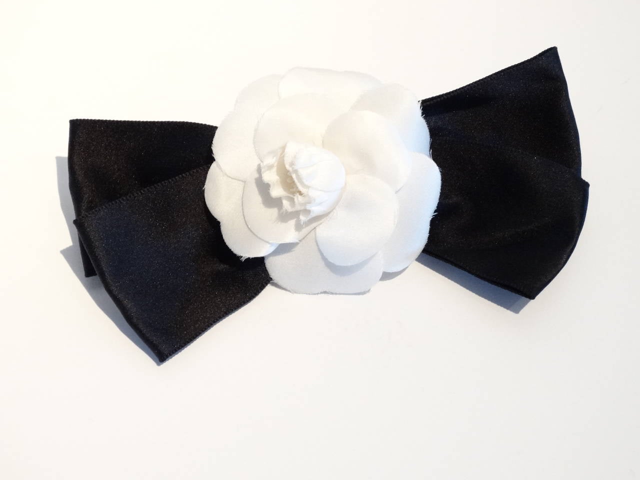 CHANEL Black silk Ribbon Bow, White Camellia Flower Large Barrette Hair Clip 