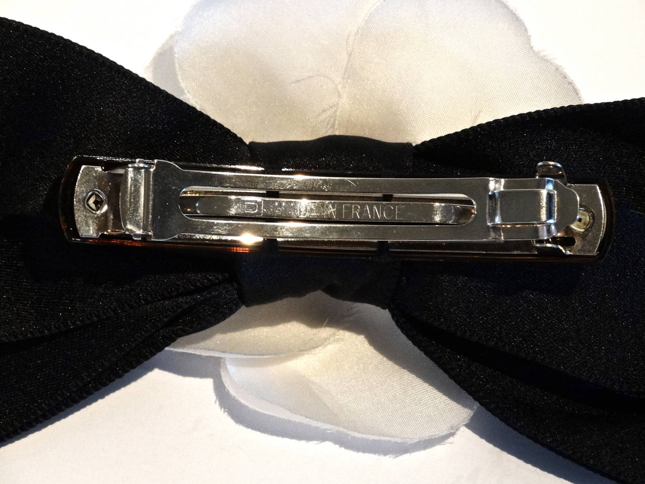 1980s Chanel Black Bow White Camellia Flower Hair Barrette 1