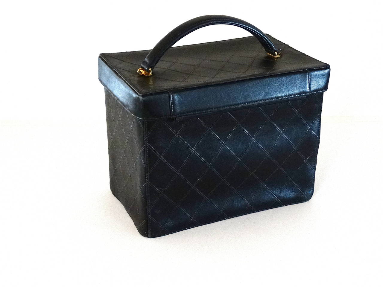 1980s Chanel Black Quilted Lambskin Vanity Cosmetic Train Case 1