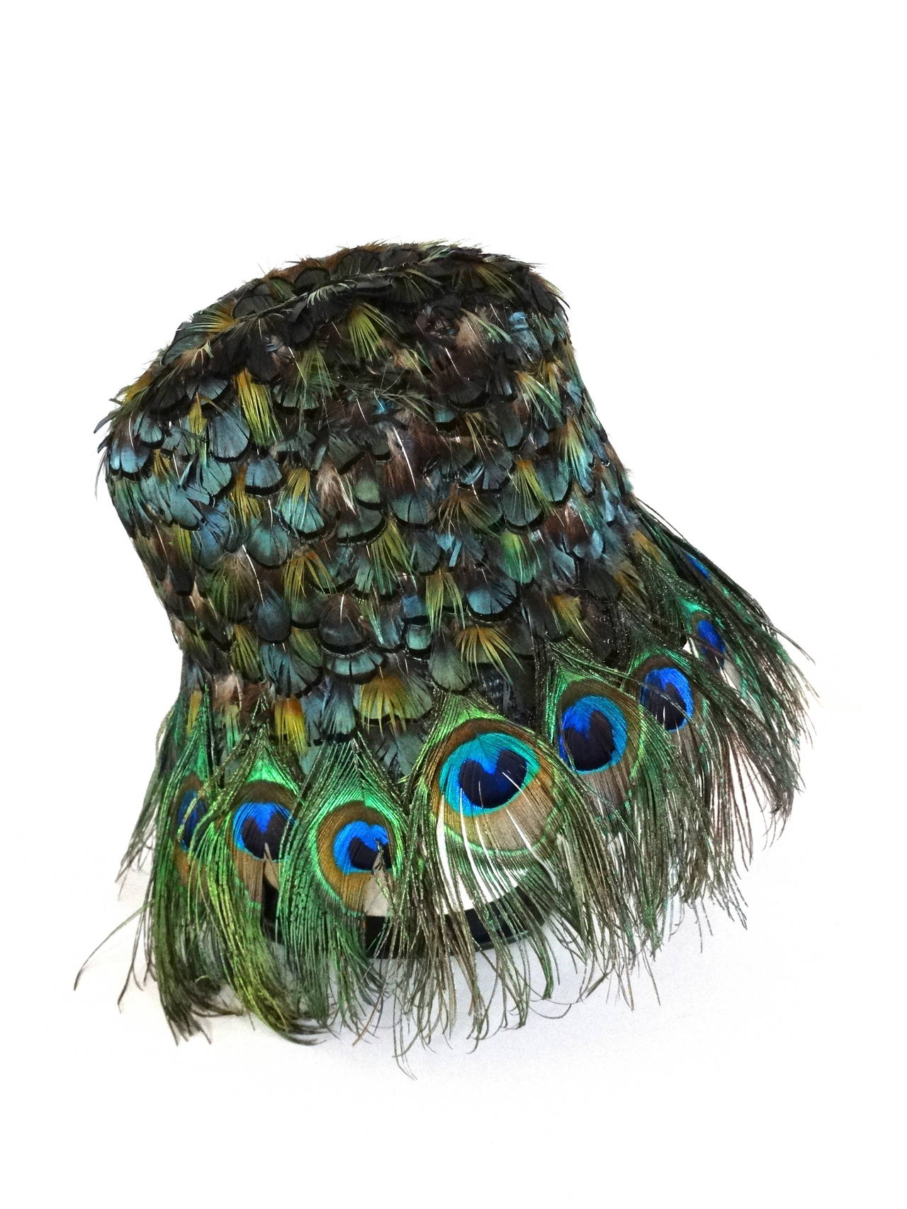 Prada Runway September 2004 Milian show for Spring 2005, Peacock-feather covered straw hat. interior tag reads: 