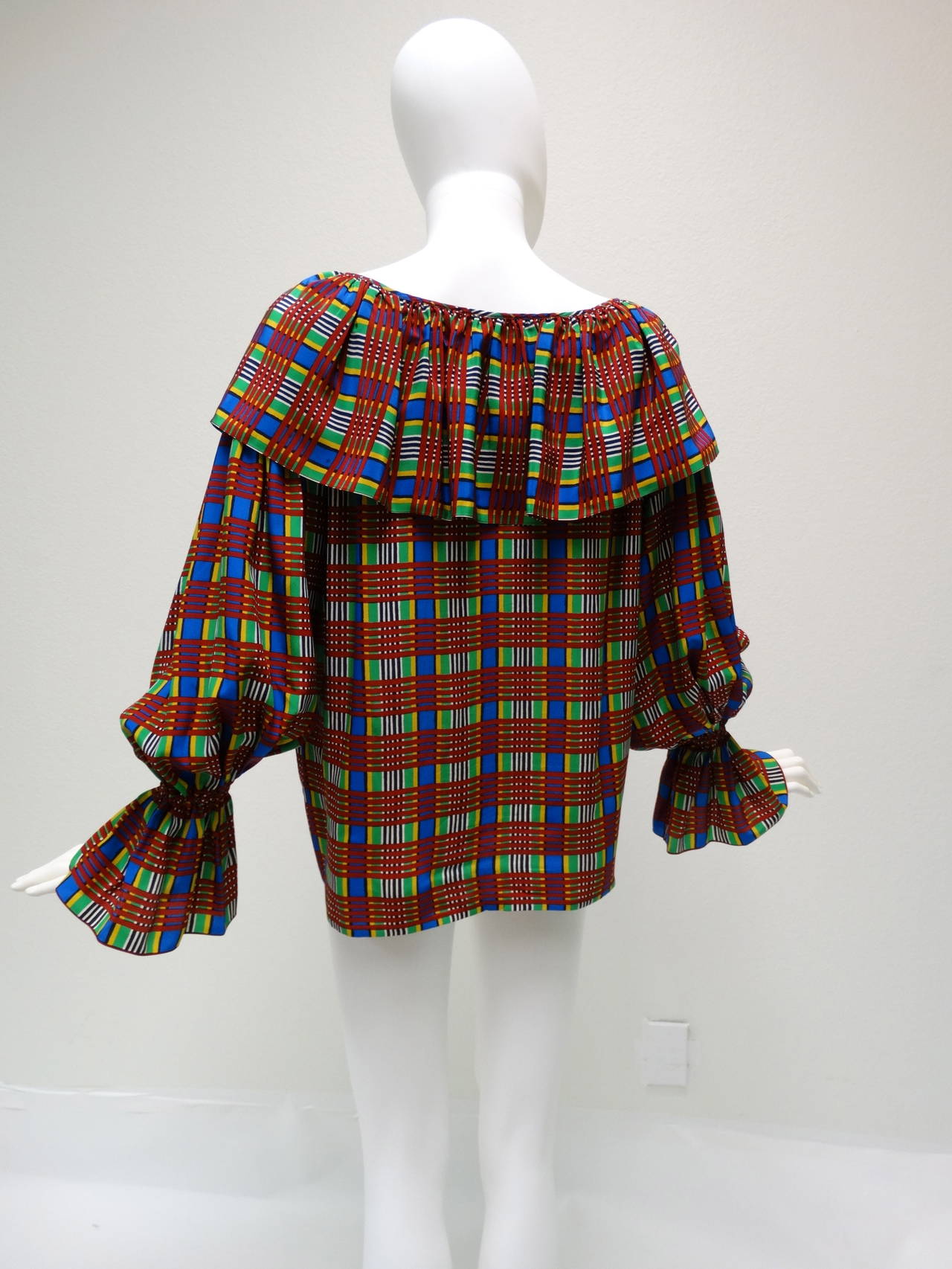 1970's Yves Saint Laurent Plaid Silk Peasant Blouse 3