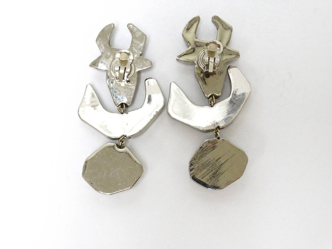 1980s Christian Lacroix Mirror Silver Bull Drop Earrings In Excellent Condition In Scottsdale, AZ