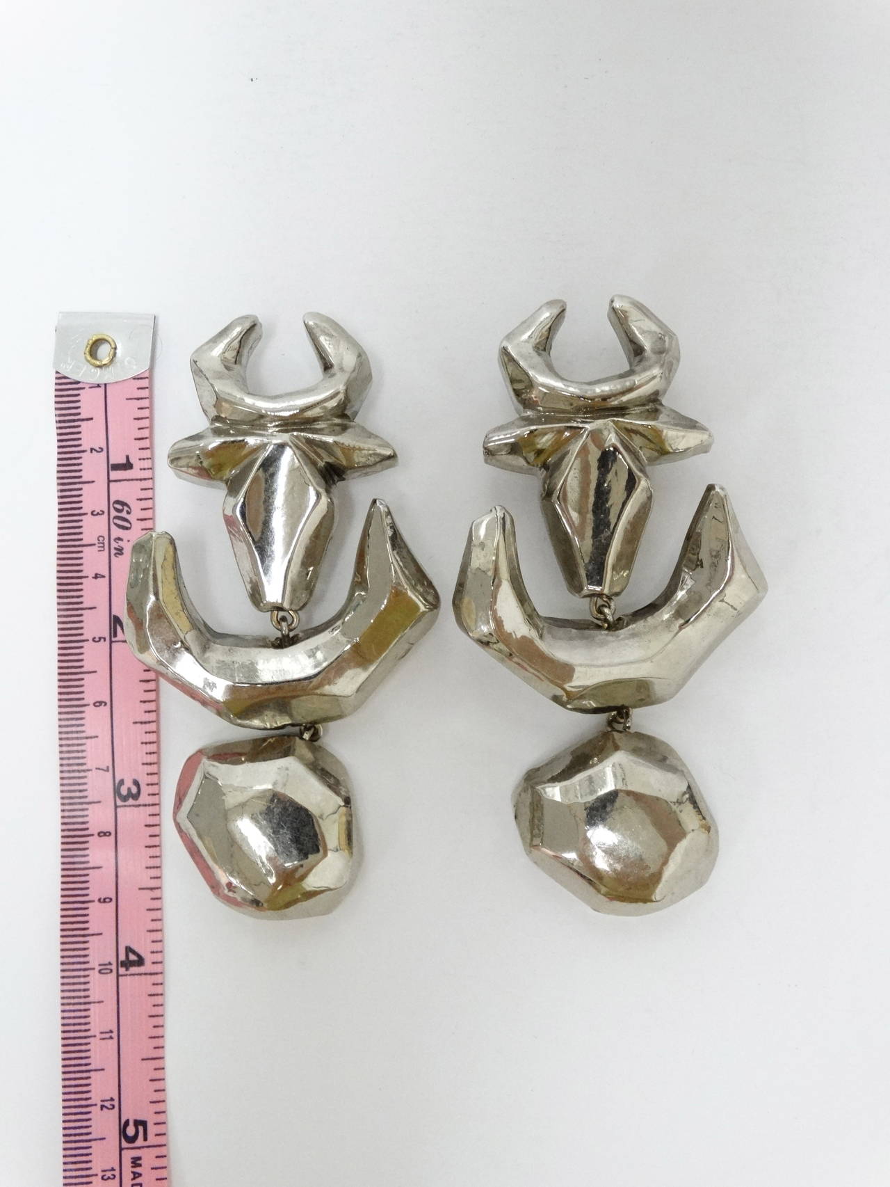 1980s Christian Lacroix Mirror Silver Bull Drop Earrings 1