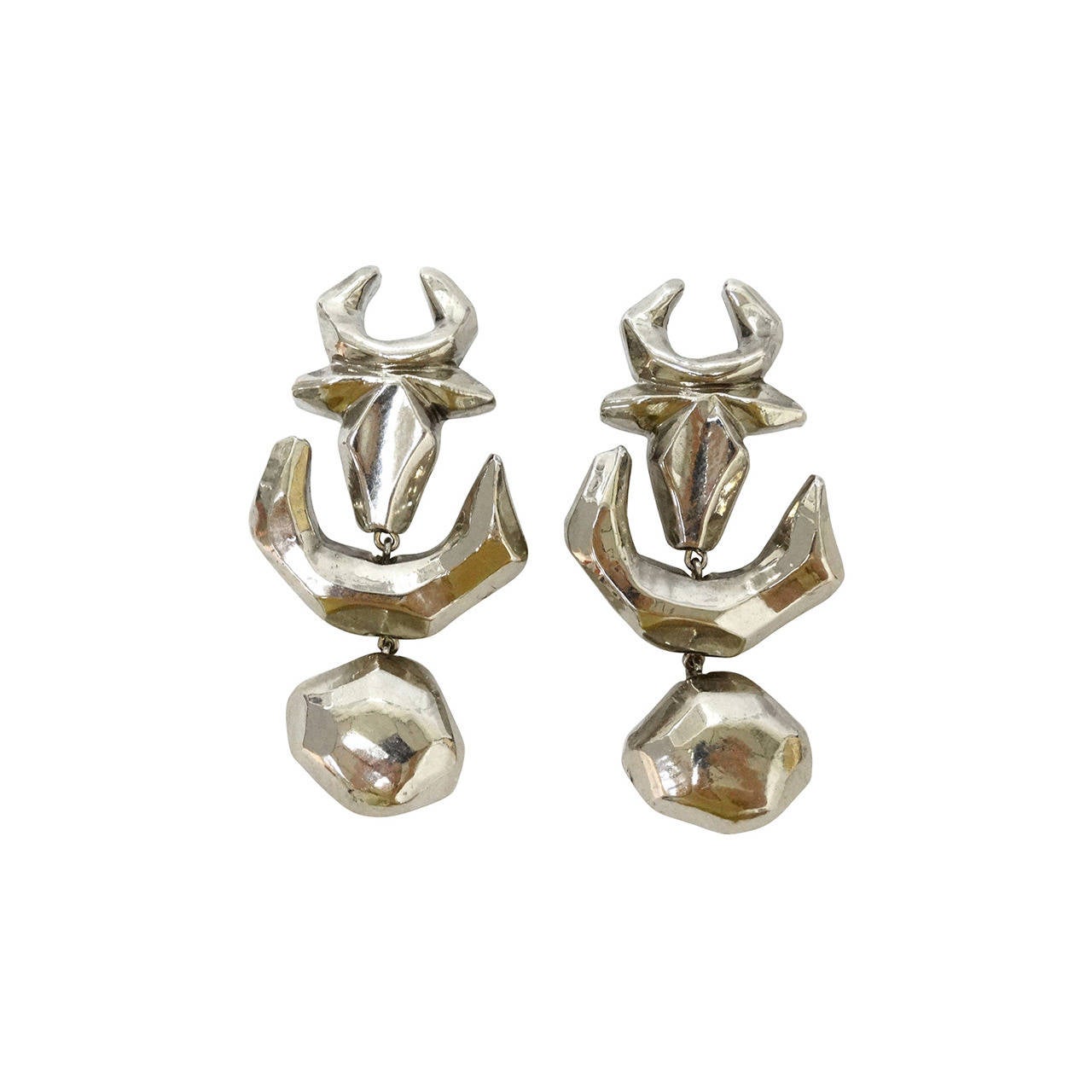 1980s Christian Lacroix Mirror Silver Bull Drop Earrings