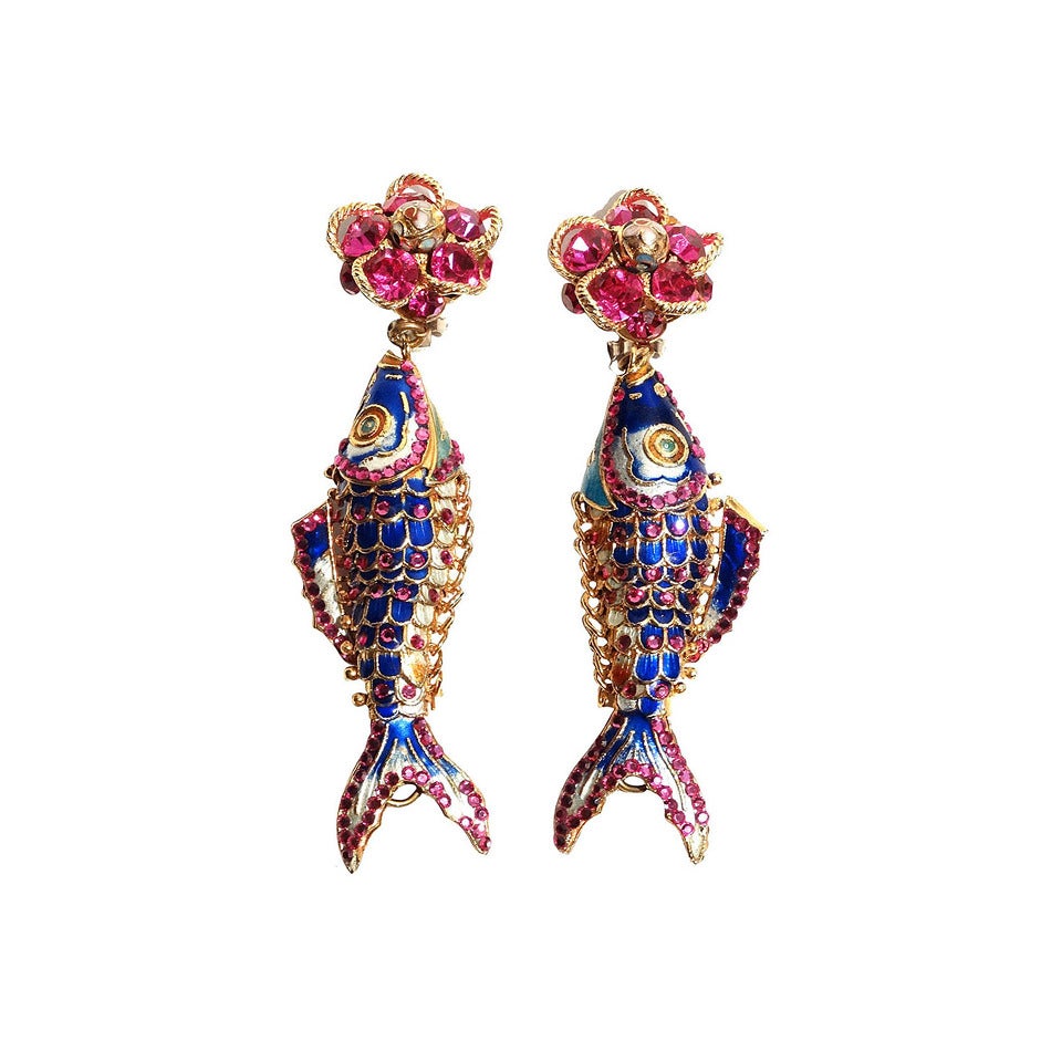 1970s Asian Karp Cloisonné Gold Filigree Rhinestone Earrings