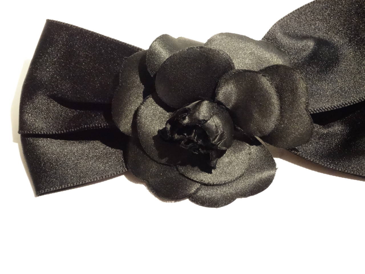 CHANEL Black silk Ribbon Bow, Black Camellia Flower Large Barrette Hair Clip 