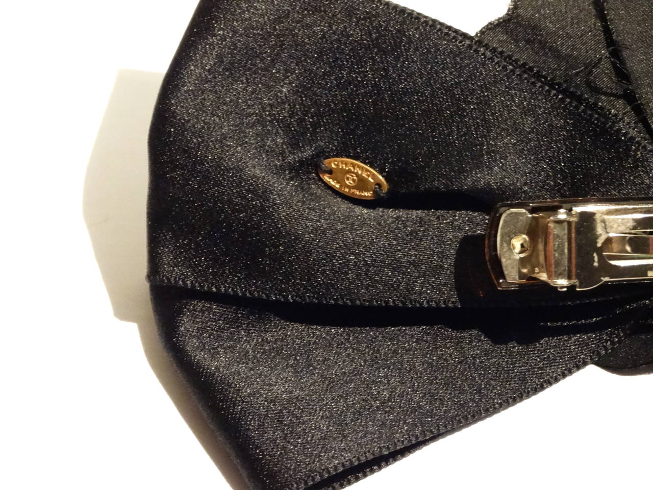 1990s Chanel Black Bow with Black Camellia Flower Hair Barrette In Excellent Condition In Scottsdale, AZ