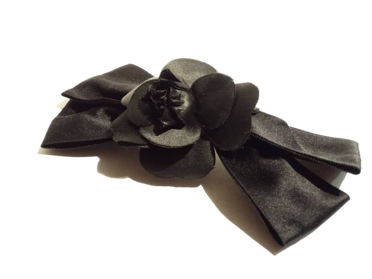1990s Chanel Black Bow with Black Camellia Flower Hair Barrette 1