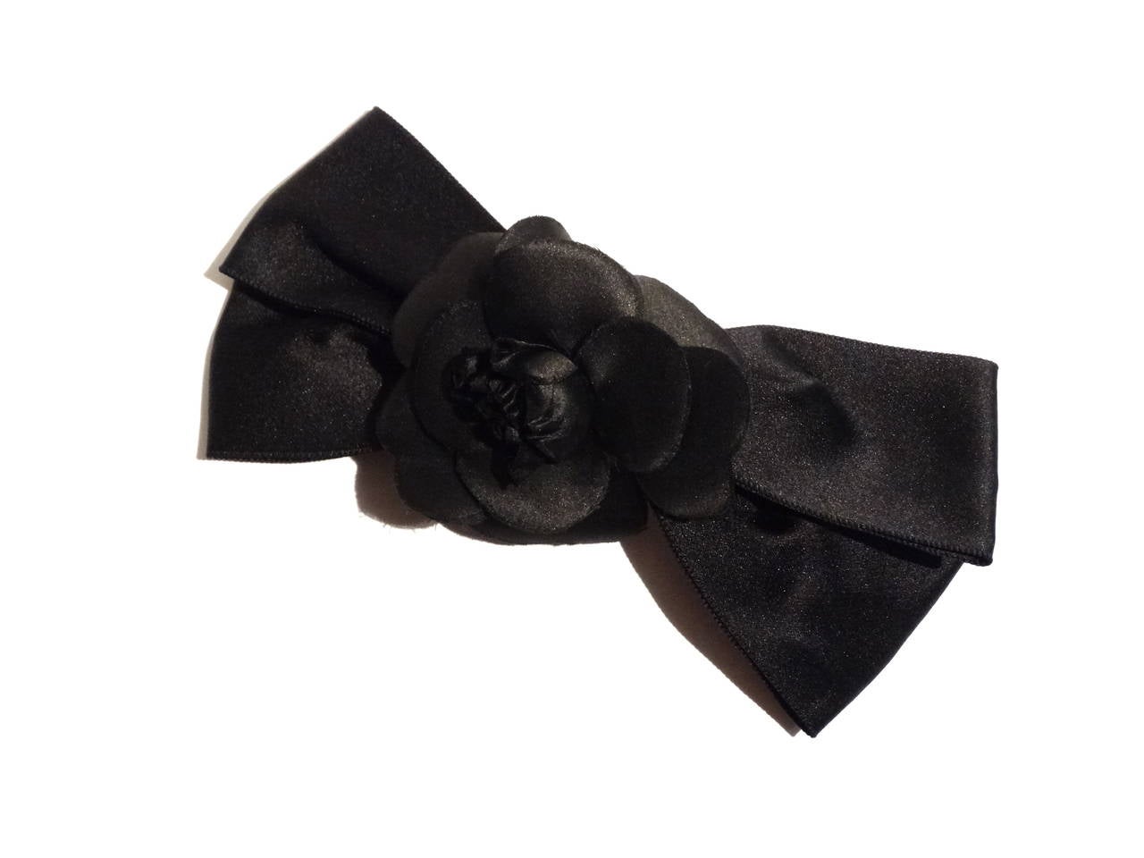 1990s Chanel Black Bow with Black Camellia Flower Hair Barrette 2
