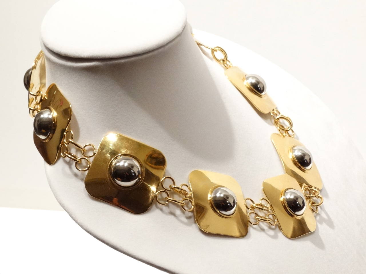 Stunning, 1970's Mod Givenchy Runway Collar Necklace Mirrored Plated Gold and Silver Dome Accents. Stamped Givenchy and has a hang tag reading Givenchy. Such a great statement and love the mix of metals. Plated Gold and Plated Silver 