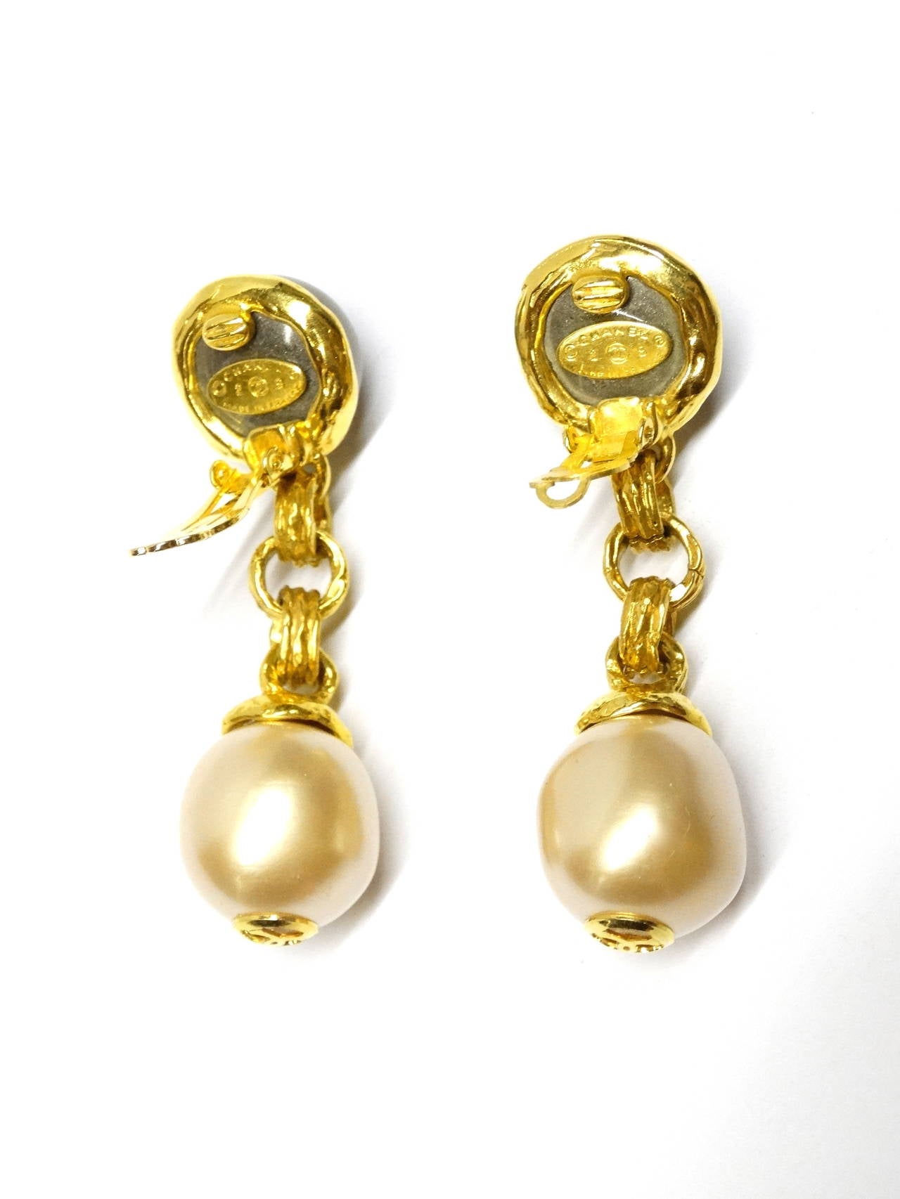 1980s Chanel Drop Pearl Earrings with Gold CC's 1