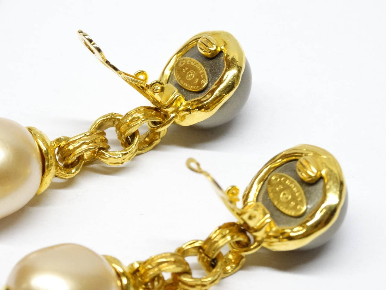 1980s Chanel Drop Pearl Earrings with Gold CC's 2