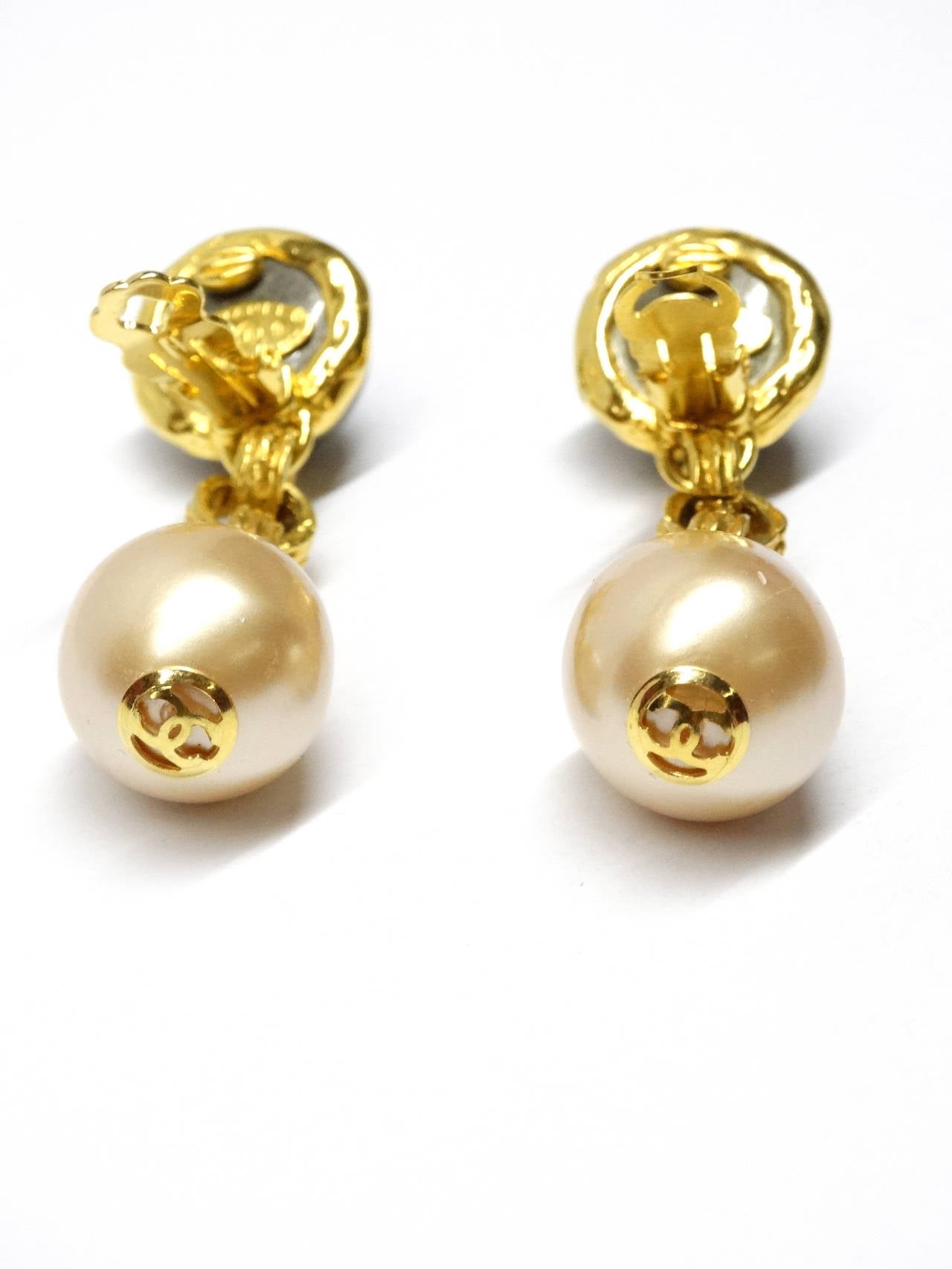 1980s Chanel Drop Pearl Earrings with Gold CC's 3