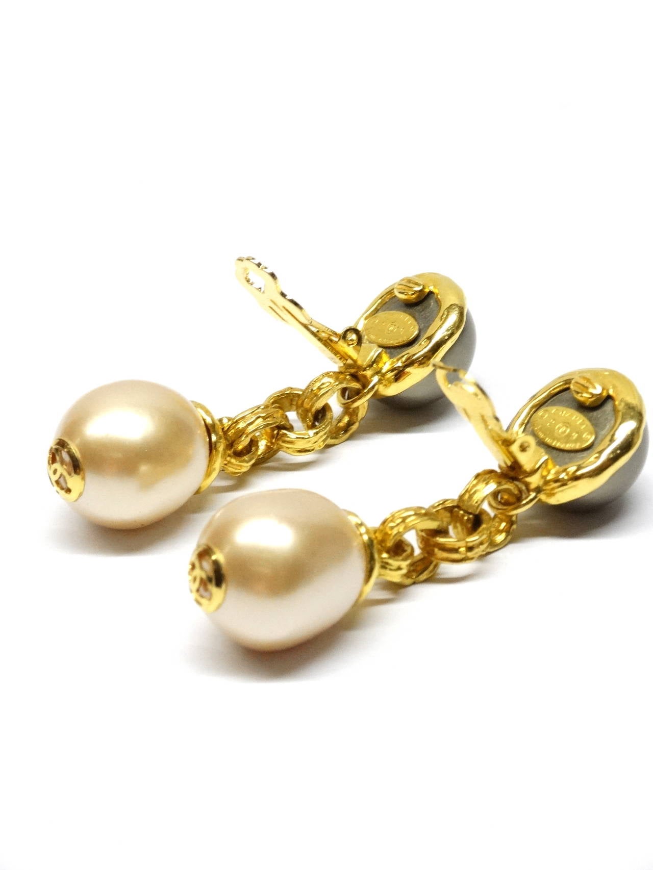 1980s Chanel Drop Pearl Earrings with Gold CC's 4