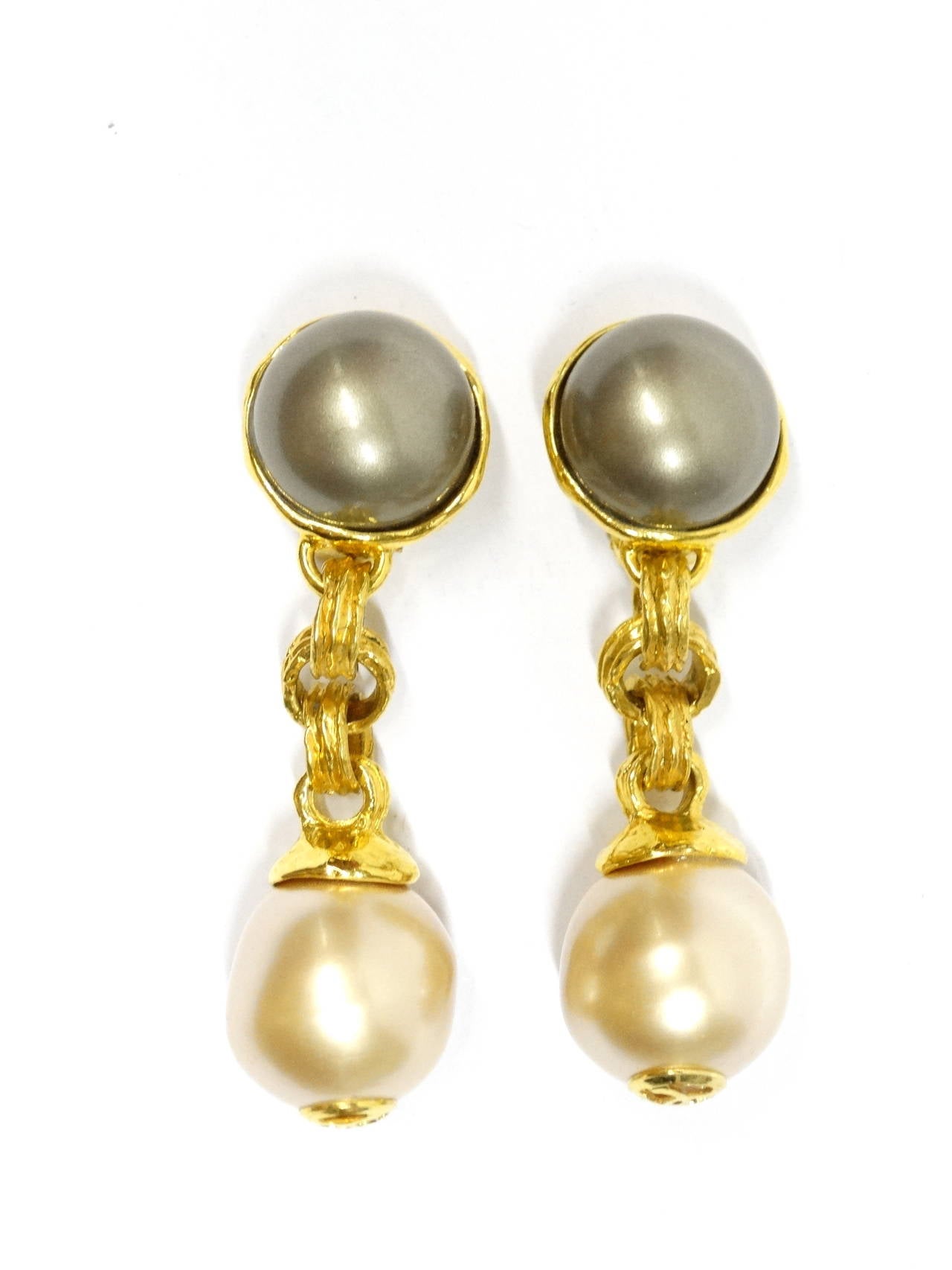 Women's 1980s Chanel Drop Pearl Earrings with Gold CC's