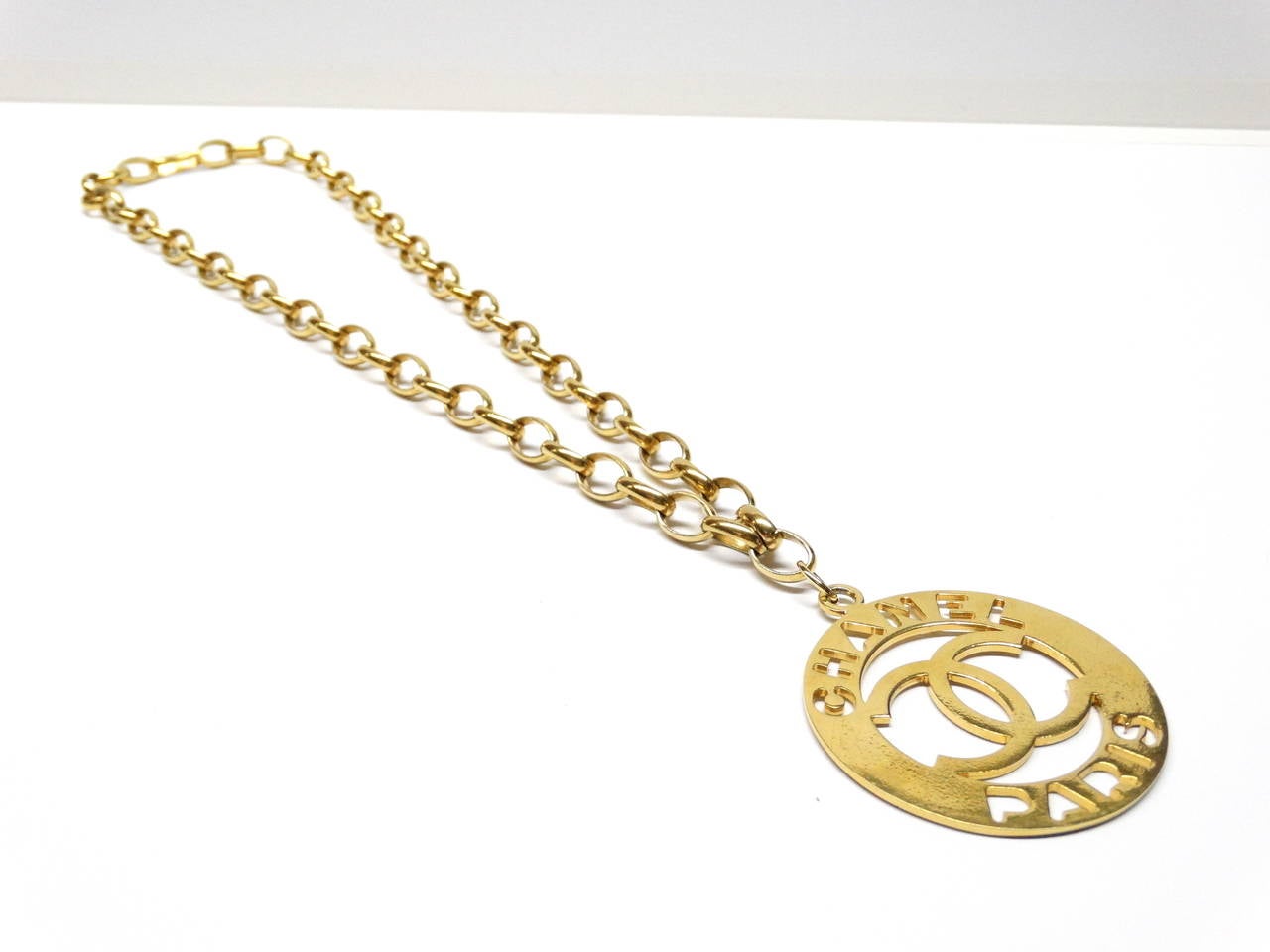 Women's or Men's 1970s Chanel PARIS Cut Out Extra Large Medallion Necklace