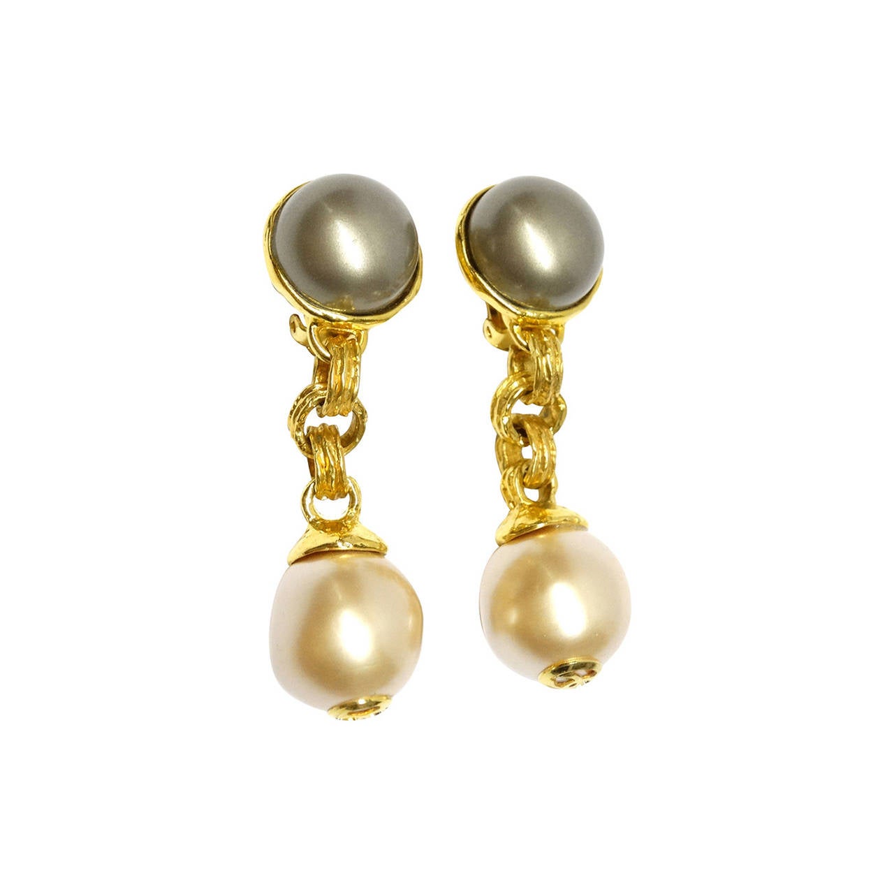 1980s Chanel Drop Pearl Earrings with Gold CC's