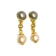 1980s Chanel Drop Pearl Earrings with Gold CC's