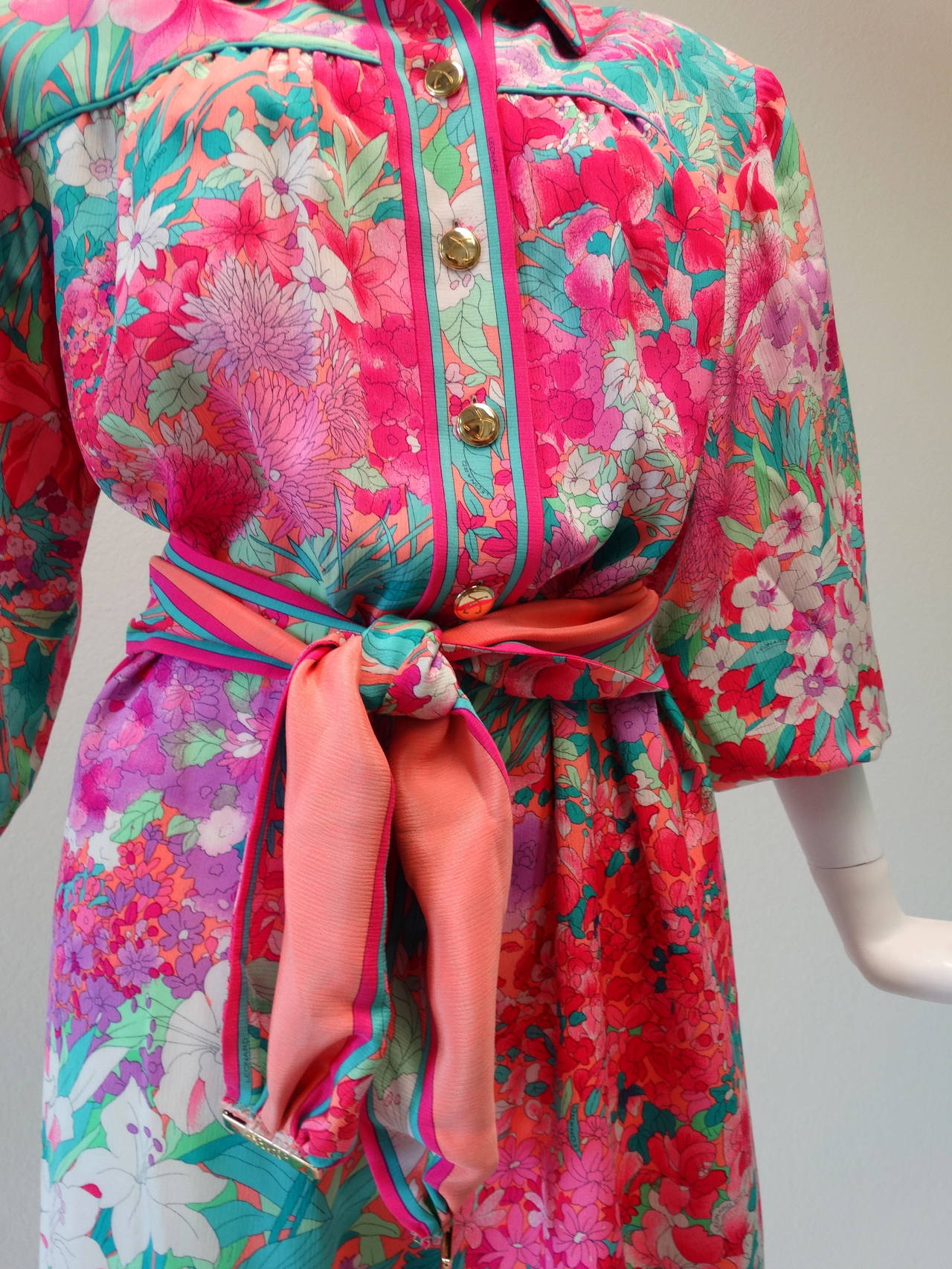 1980s Leonard Paris Floral Silk Dress with Belt