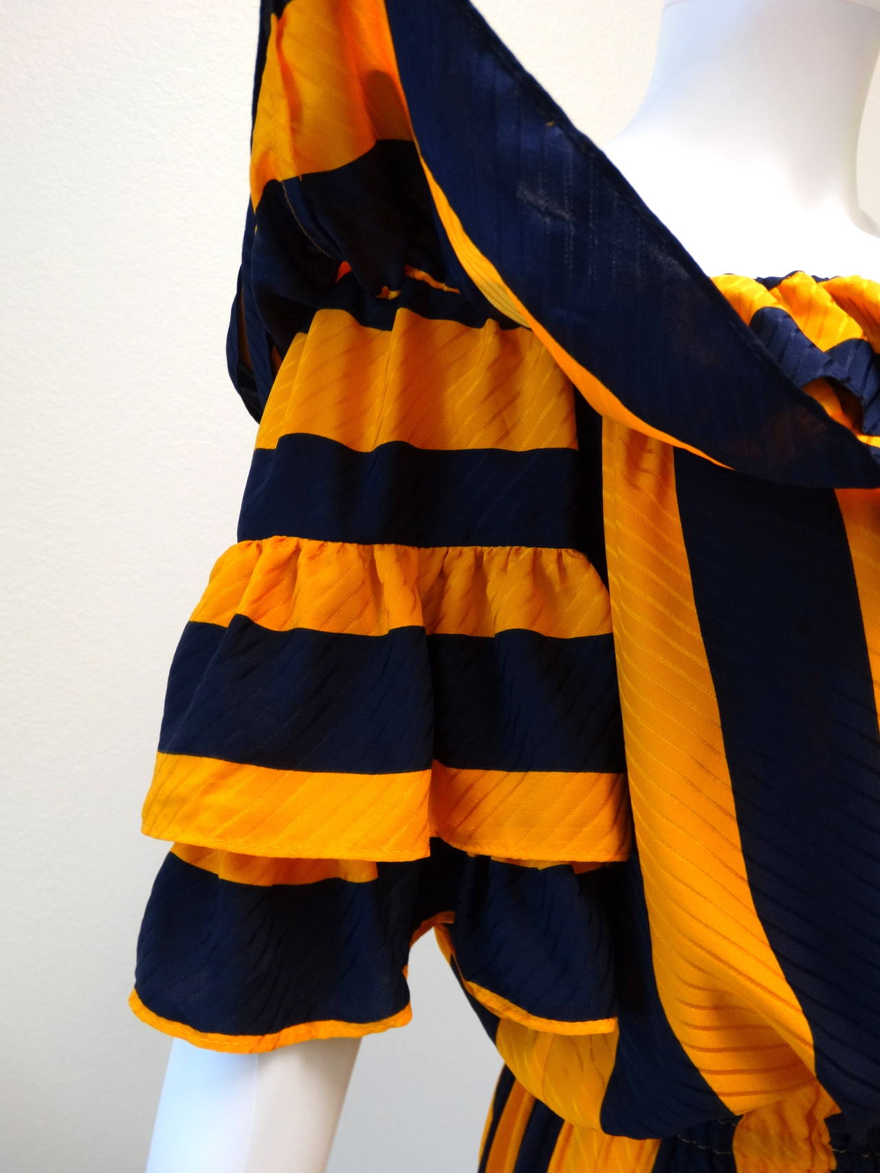 1980s Silk Gideon Oberson Off the Shoulder Navy and Gold Ruffle Dress In Excellent Condition In Scottsdale, AZ