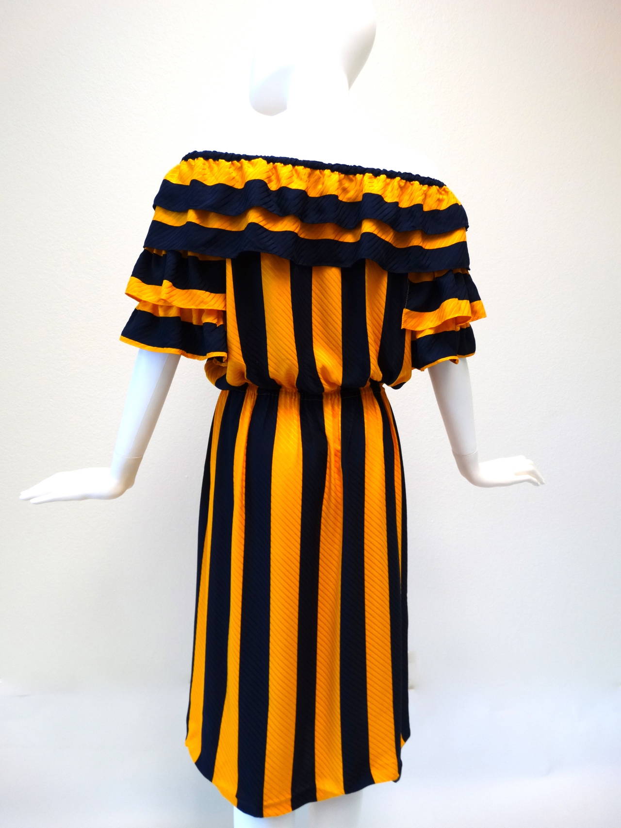 1980s Silk Gideon Oberson Off the Shoulder Navy and Gold Ruffle Dress 1
